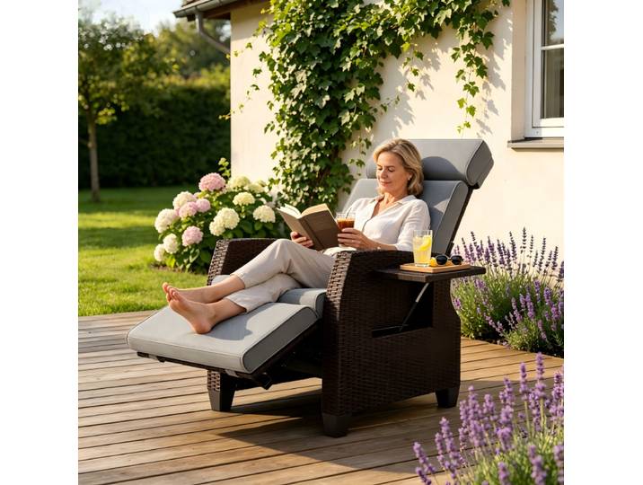 Chaise longue, chaise de terrasse extérieure en rotin tressé, dossier réglable, table pliante cachée, 160 ° Chaise longue confortable à dossier plat, chaises de jardin pour jardin, terrasse,