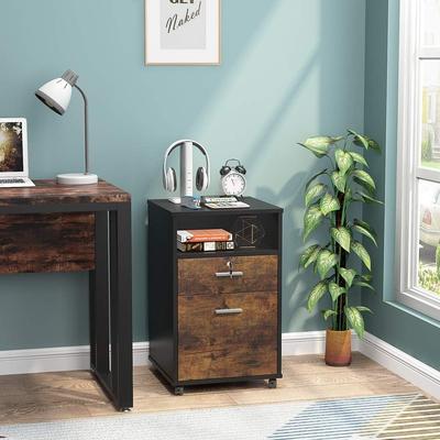 Jiallo Mobile File Cabinet with Lock, 2 Drawer Rolling Printer Stand with Open Shelf, Rustic Brown