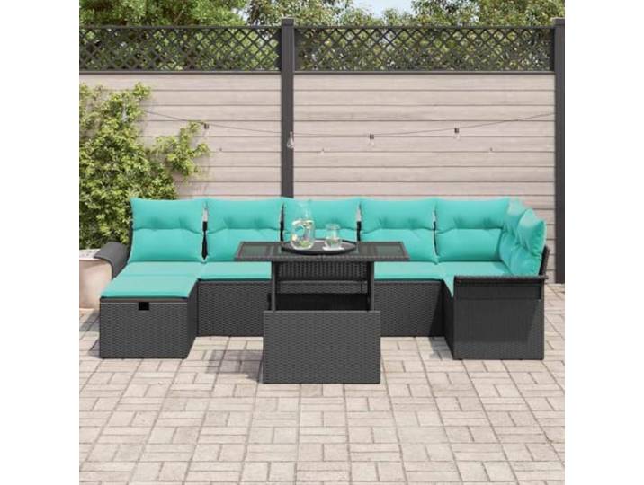 KTHLBRH Gartenmöbel-Set, modular, 8-teilig, schwarz, Polyrattan Eckbank mit Kissen, verstellbarer Tisch, Akazienholz, für Terrasse