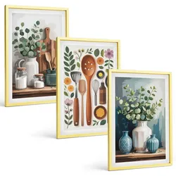 BILDER SET 3er Set - 40x60 cm Goldrahmen - Küchenaccessoires auf pflanzlicher Basis