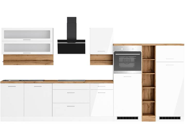 Küchenzeile, MDF, Weiß Hochglanz, 390×200×60 cm, Induktionskochfeld & Viel Stauraum, Modern, KOCHSTATION