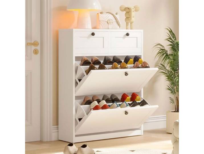 Meuble à Chaussures - VOWNER -Meuble d'entrée Rangement pour Chaussures Commode à Chaussures 80 x 100 x 24 cm - Blanc