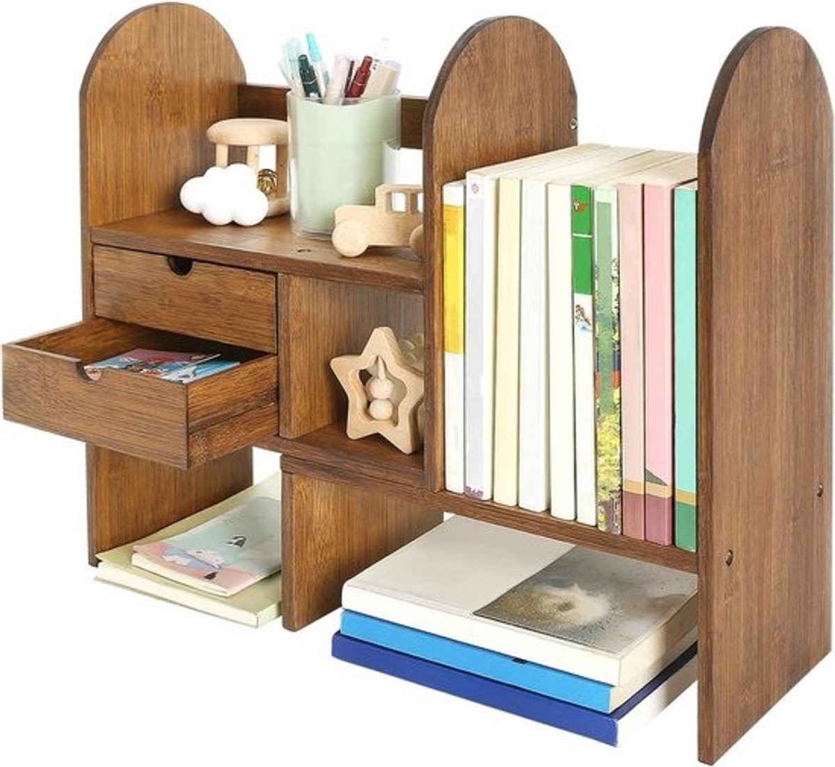 Houten bureau-organizer met verstelbare boekenplanken voor kantoorbenodigdheden