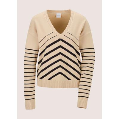 Longpullover MADELEINE "Pullover Sportiver Strickpullover mit Streifen", Damen, Gr. 34, beige, marine, Pullover Longpullover