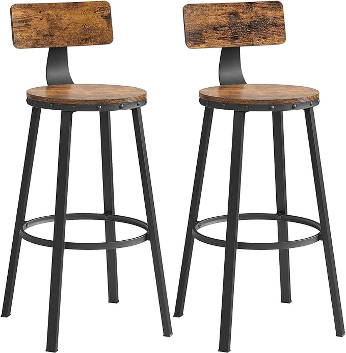 FurnStar Set van 2 Industriële Barkrukken met Rugleuning - Bruin - Keukenstoelen
