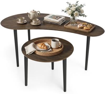 Costway 2 Pieces Mid Century Nesting Tables with Rubber Wood Legs-Walnut