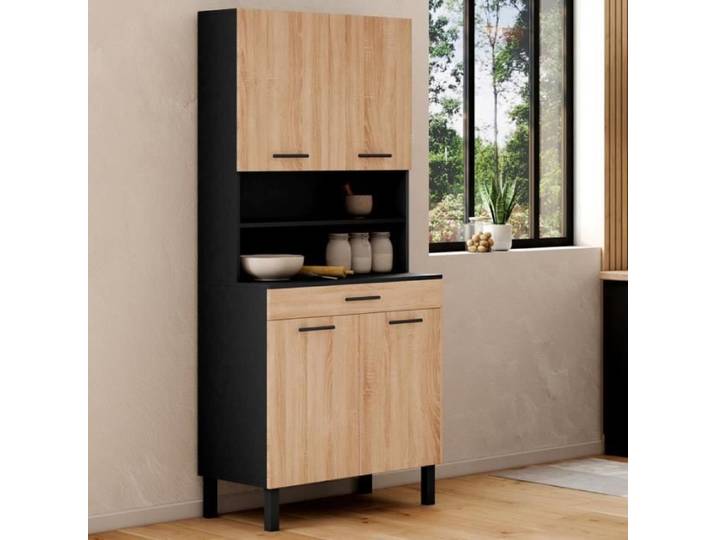 IDMARKET Buffet de cuisine 80 CM CINA 4 portes + tiroir noir et façon hêtre