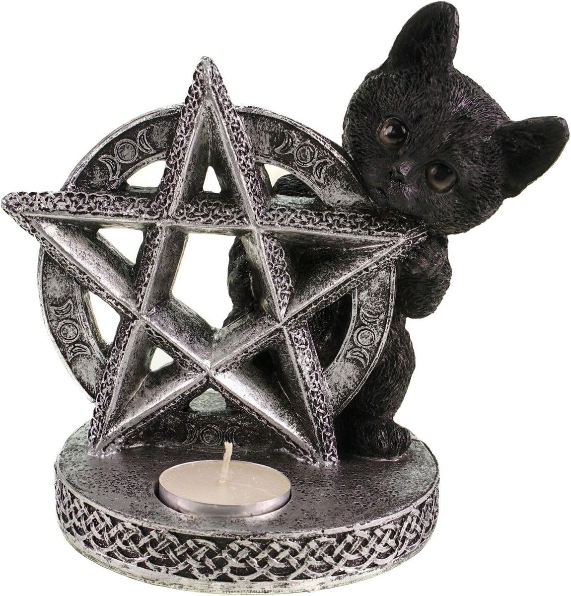 Zwarte Kattensilhouet Kandelaar met Pentagram Design voor Tealights, Hoogte: 16 cm