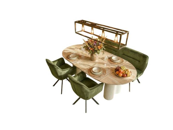 Vintagehaus Essgruppe Bari 180 Travertin Metall + 2 Stühle und Bank Raster