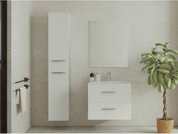 Waschbeckenunterschrank hängend mit Einzelwaschbecken & vertikalem Schrank - Weiß - 60 cm - KAYLA