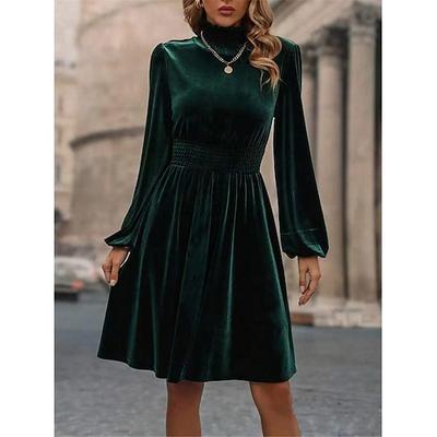 Damen Samtkleid Stehkragen Langarm taillierte elegante grüne knielang festliche Partykleidung Winterkleidung