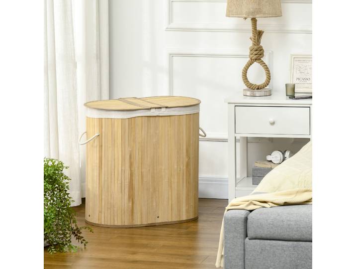HOMCOM Panier Linge Bambou 100L 2 Sections Naturel