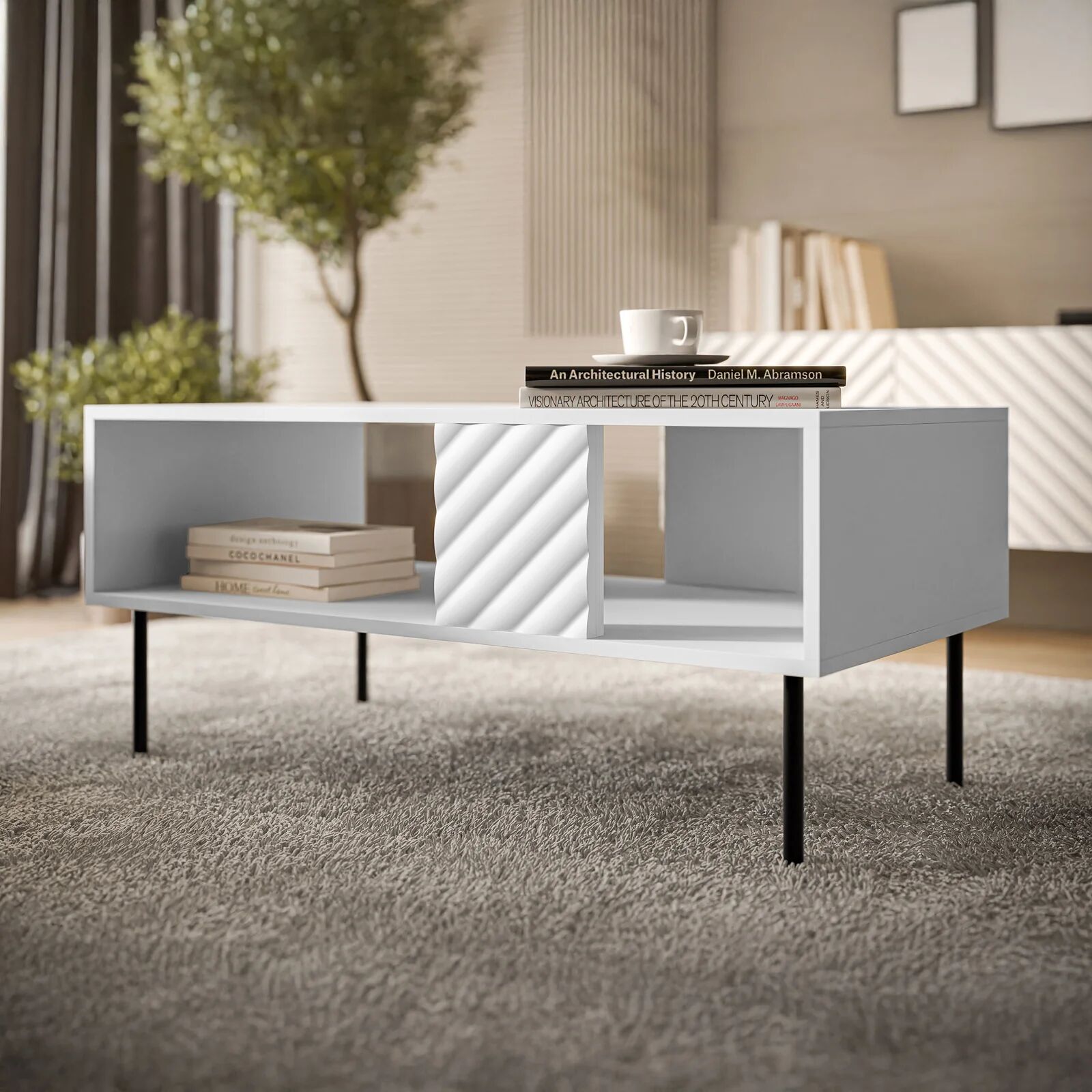 garneroarredamenti Tavolino da salotto 100x55cm con frontali decorati bianco Daniele