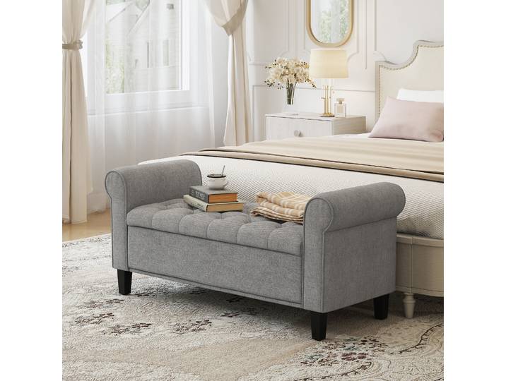 HOMCOM Banc Velours Gris Coffre Accoudoirs Bout de Lit