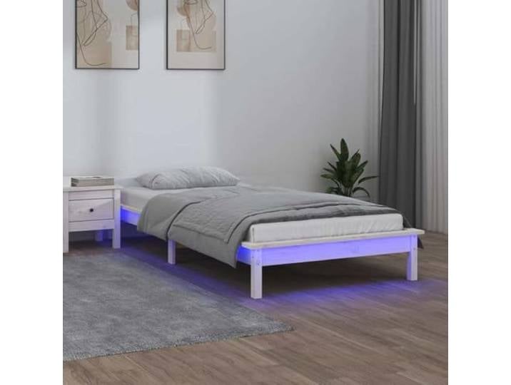 Massives Kiefernholz mit LED Beleuchtung Schlafzimmer Weiß 90x190 Massivholzbett mit LED Beleuchtung Weiss 90x190 cm Lattenrost Bettgestell Kiefernholz RGB USB Schlafzimmer