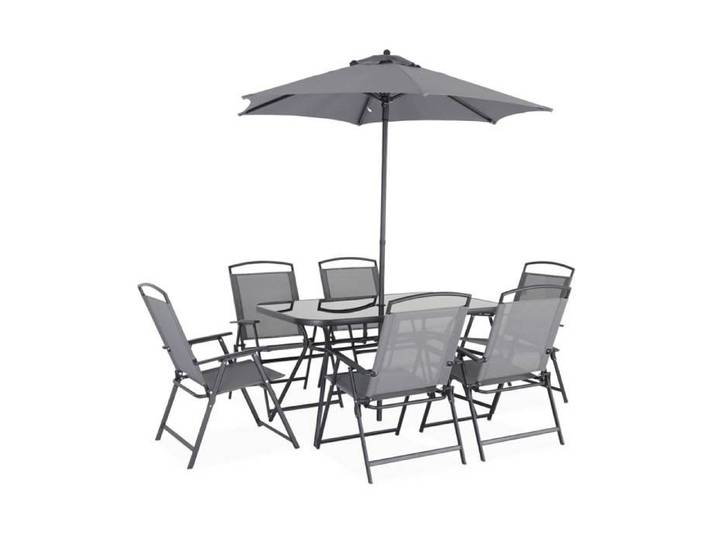 sweeek - Table de jardin acier avec parasol + 6 assises SONIA