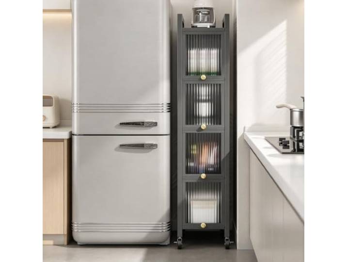 LJWFZBD Küchenschrank mit Klapptüren, 5-Ebenen Vorratsschrank auf Rollen Metall-Küchenregal, Moderne Aufbewahrung, Platzsparend, Mobil Oder Stabil(30cmW*40cmD*145cmH)
