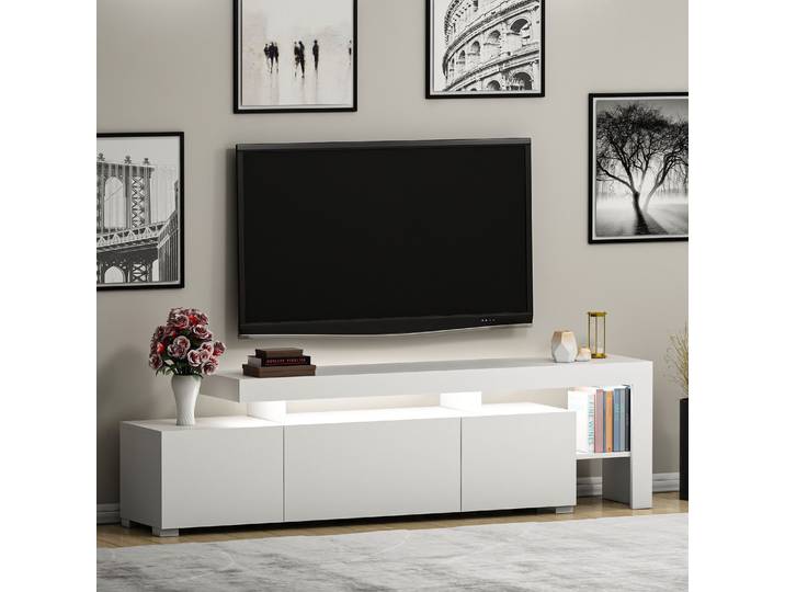 Meuble TV avec éclairage LED - BELIZ - Blanc - 192 x 53 x 37 cm