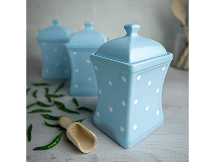 City to Cottage® - Keramik Behälter Küche 900 ml 3er-Set Hellblau und Weiß Polka Dots Handgemacht Behälter mit Deckel Keksdose Keramik