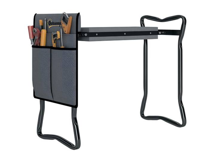 ComfortXL Kniebank De-10207 klappbar mit Kniekissen und Werkzeugtaschen Grau, Metall, 28x49x58 cm, Gartenmöbel, Gartensessel, Gartenstühle