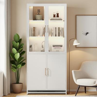 ZWYO HOSIMU 76.75in Steel Display Cabinet with Glass Doors & LED Lights, Curio Storage Rack with 3-Sided Glass & 180° Visibility