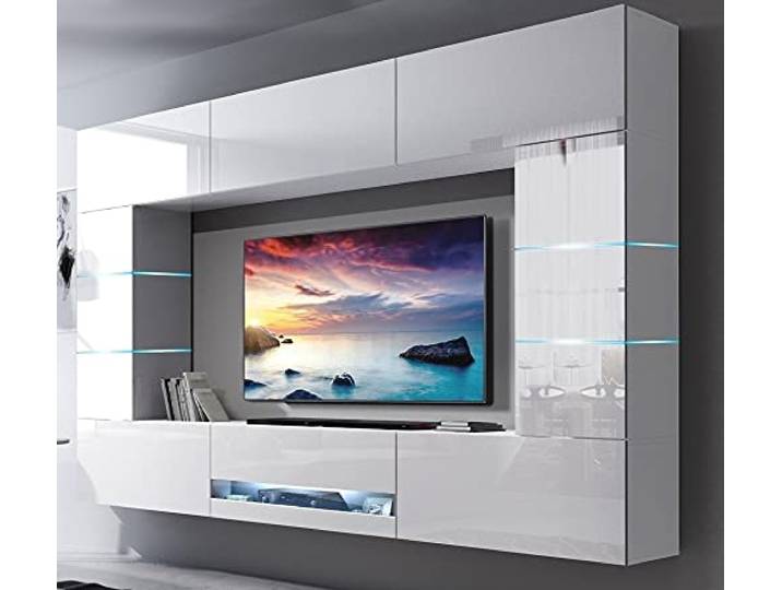 Furnitech Wohnwand Wohnzimmer LED RGB - 16 Farben Hängend Modern Schrankwand mit Regalen und TV-Schrank