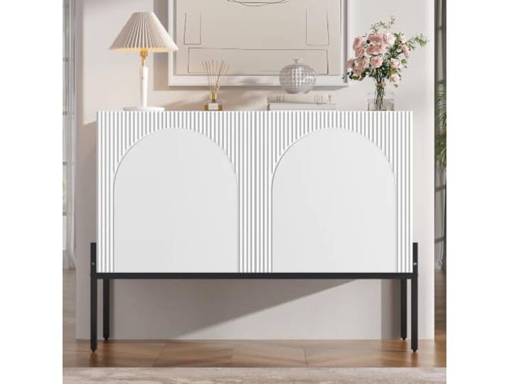 XINGNING Sideboard mit Metall-Inlay – Vielseitiger Buffet Schrank für Wohnzimmer und Esszimmer, Moderne Anrichte und Kommode (White + Particle Board)