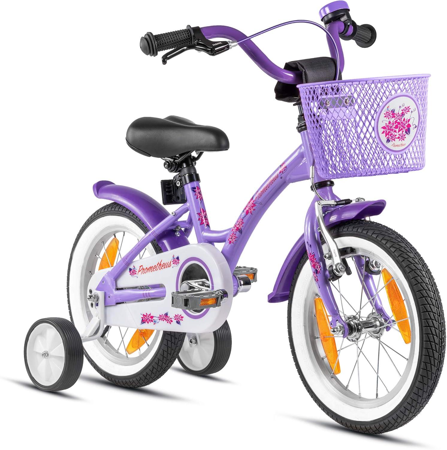 PROMETHEUS Fahrräder - Kinderfahrrad, 14 Zoll, Mädchenfahrrad. Geeignet für Mädchen im Alter von 4 Jahren, mit Seitlenker und Rücktrittbremse. Mädchenfahrrad, 14 Zoll, in Lila