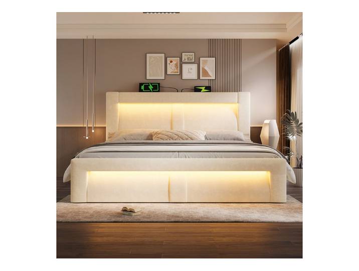 Celya Polsterbett mit Stauraum, Samt Bett (Matratze nicht im Lieferumfang enthalten, hydraulisches Stauraumbett mit moderner LED-Technologie), mit USB- und Type-C-Ladeanschlüsse