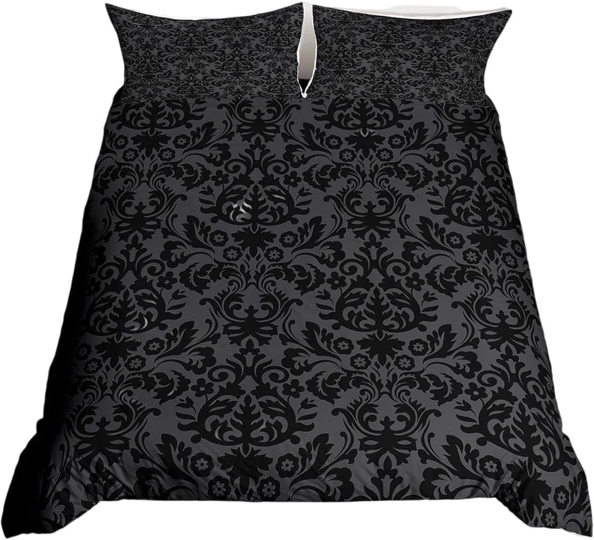 Luxe Damast Dekbedovertrek Set Grijs Zwart met Bloemen in Vintage Stijl