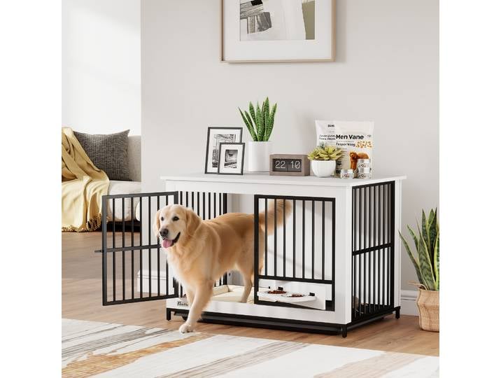 PawHut Grande Cage Chien Verrouillable avec Bol Pivotant Blanc