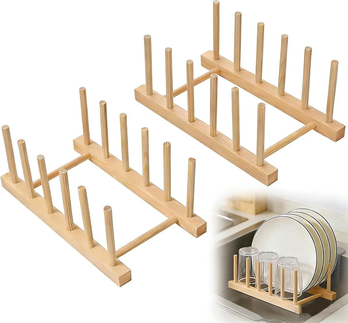 Houten Plateau Houder met 6 Slots voor Borden, Potdeksels en Snijplanken - Keuken Organizer en Dish Rack