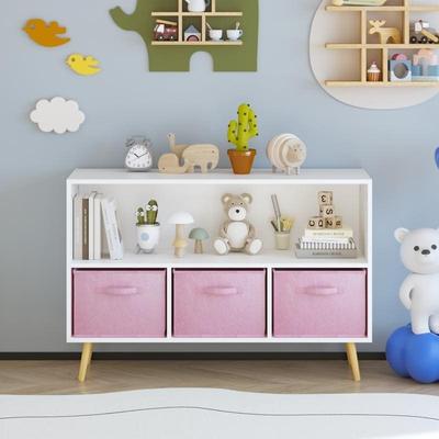 Kid's Bookcase with Collapsible Fabric Drawers, Book Display and Toy Storage