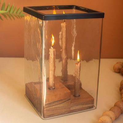 Kalalou Glass Hurricane and Wooden Candelabra Walnut , Walnut