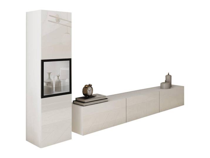 P & B Wohnwand, Weiss, Weiss Hochglanz, Kunststoff, 2-teilig, 4 Fächer, 210x130x32.5 cm, Fsc, Beleuchtung, spiegelbildliche Montage möglich, stehend, hängend, Wohnzimmer, Wohnwand, Komplette Wohnwand