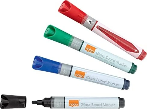 Nobo Marker für Glas-Whiteboards, trocken abwischbar, 4 Stück, farbig sortiert Sortiert