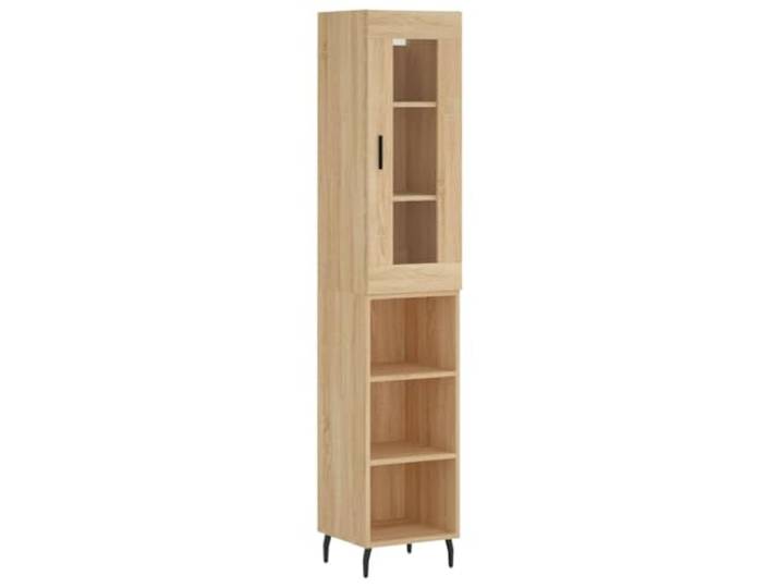 Kaorsrow Highboard Sonoma-Eiche 34,5x34x180 cm Holzwerkstoff Glas Schmaler Vitrinenschrank für Wohnzimmer und Flur, mit Glastür, Eisenbeinen und reichlich Stauraum auf kleinster Stellfläche.