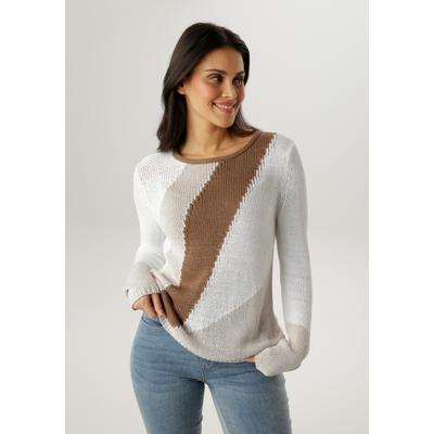 Strickpullover ANISTON SELECTED, Damen, Gr. 44, beige (weiß, braun, beige), Strick, Obermaterial: 100% Polyacryl, gemustert, figurumspielend hüftlang, Rundhals, Flachstrickbündchen, Pullover Strickpullover, mit Rollkante am Rundhalsausschnitt