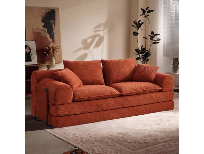 Vipbear Schlafsofa 201cm Breit, Boneless Couch mit Schlaffunktion Cord Sofa 5-in-1 Bodensofa, 3 Sitzer Boneless Schlafcouch, Cloud Modulares Sofa Bed für Wohnzimmer Schlafzimmer Lounge Orange