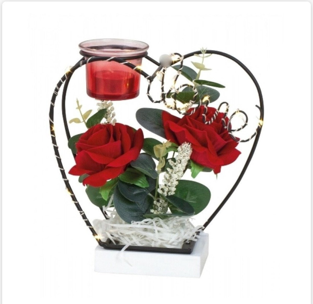 Iko Decoratie hart met rode rozen, LED verlichting en kaarsje