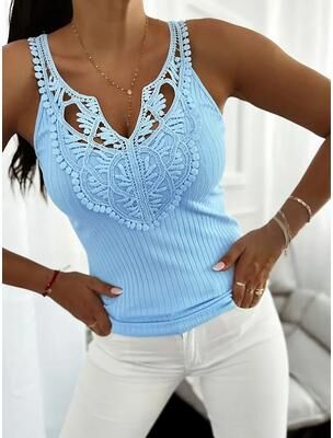 Universal Stock Ladies Elegant Lace Vest Top V Neck Sleeveless Summer Casual Blouse b 3xl