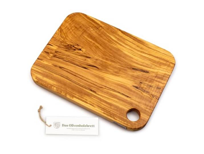DAS OLIVENHOLZBRETT® Schneidebrett oder Servierbrett mit abgerundeten Ecken und Loch 40cm x30cm x2,5cm