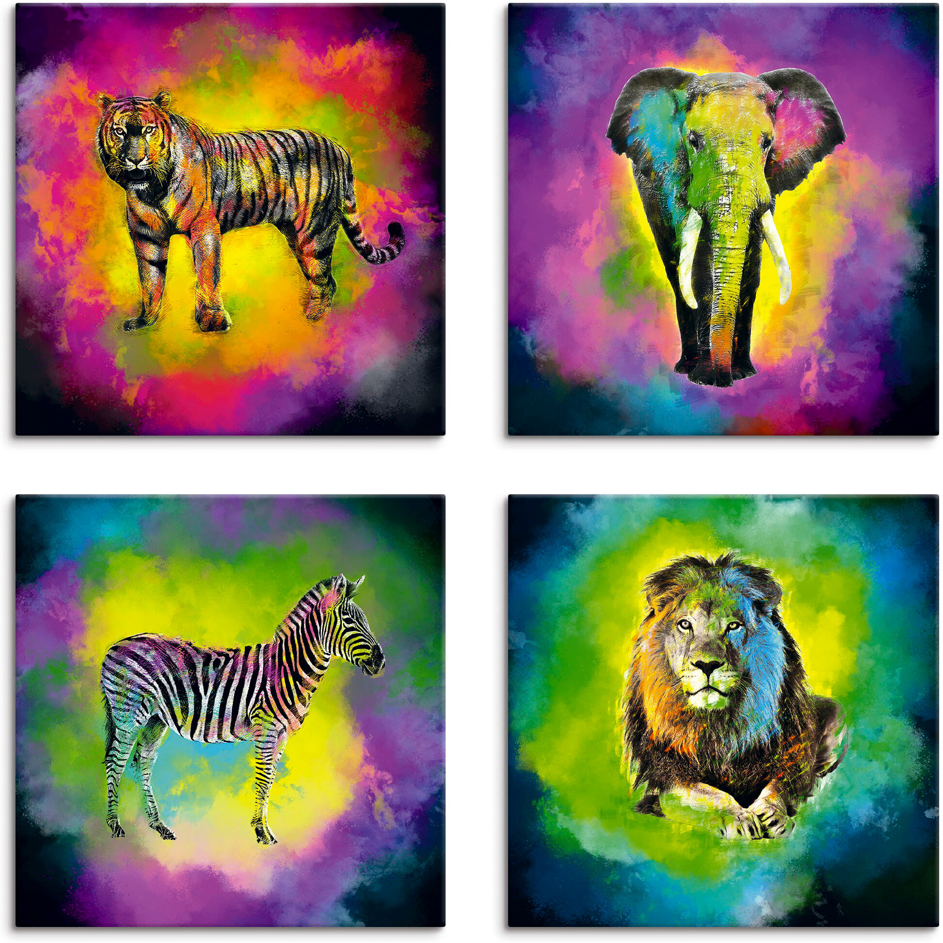 Leinwandbild ARTLAND "Farbexplosion Elefant Löwe Zebra Tiger", bunt (farbe bild(er): bunt), B:30cm H:30cm, Leinwand, MDF, Bilder, Leinwandbild, 4er Set, verschiedene Grössen farbe bild(er): bunt B/H/T: 30cm x 30cm, Leinwandbild Wildtiere quadratisch, 4 St