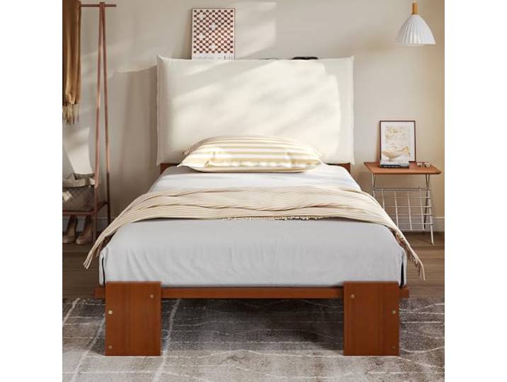 Bellemave Bettrahmen, Einzelbett 90×200 cm, mit Kopflehne, Dunkelbraun Gepolsterte Kopflehne mit Klettverschluss, verbreiterte Bettfüße, kann als Kinderbett oder Erwachsenenbett verwendet werden