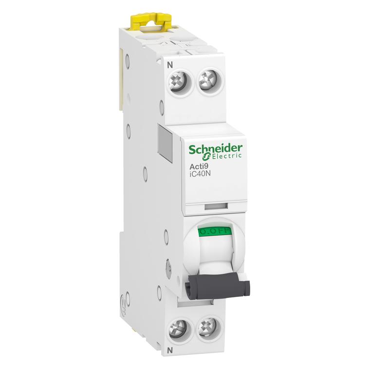 Schneider Electric Acti 9 automatsikring, 1P + N, 10A, 230V 6/10 kA, C-karakteristik, enkelt terminal, bredde 18 mm. (A9P54610)