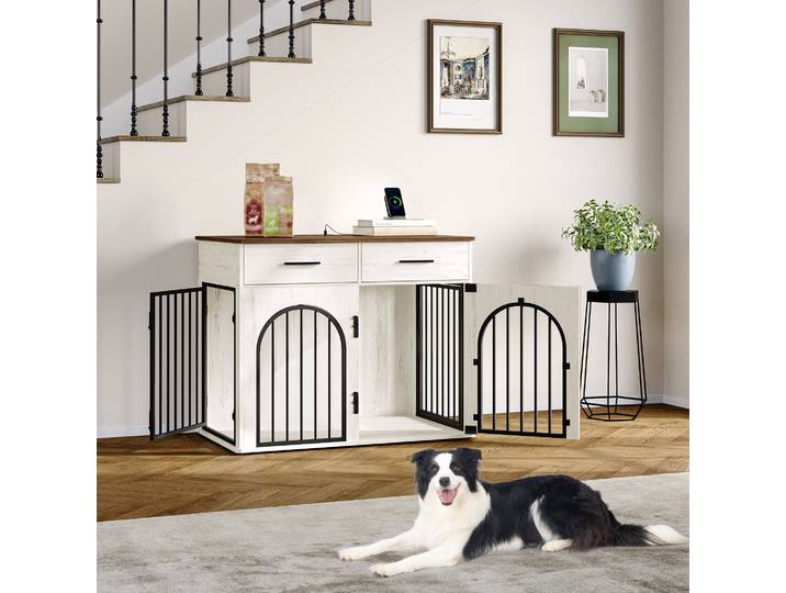 Meuble pour chien avec 2 tiroirs, boîte pour chien pour usage intérieur avec station de charge, table d'appoint en bois pour chien