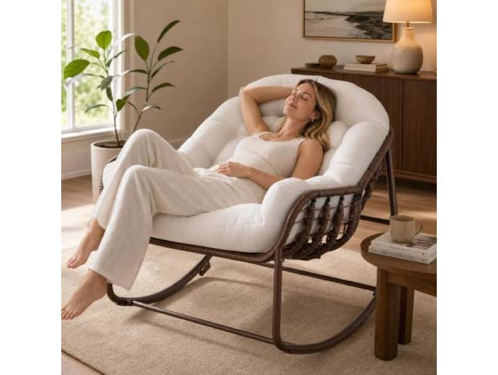 GarveeMore Schaukelstuhl Max.205Kg Schaukelsessel Outdoor Für Zuhause 93×84×63cm 15cm extra dickes Sitzkissen Rattan-Gestell Kippsicheres Design