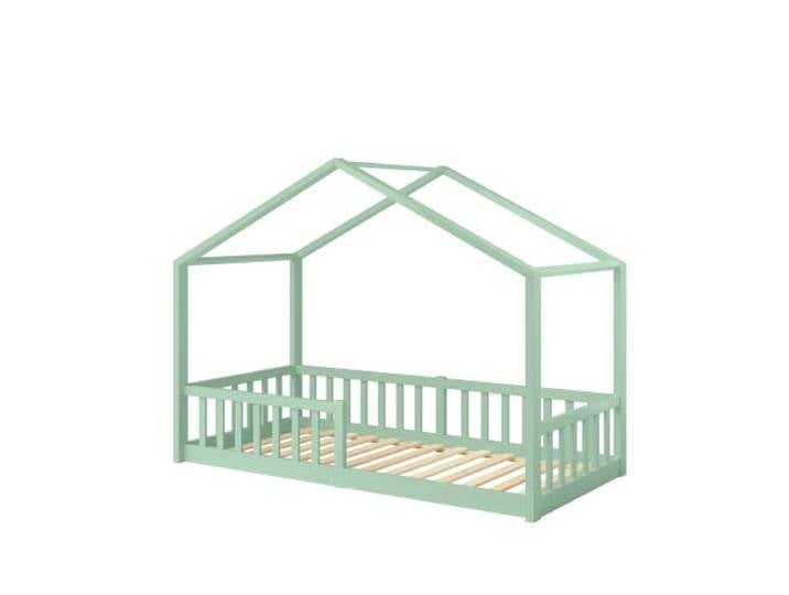Bellabino Bia Kinderbett 90x200 cm, Bodenbett, Mintgrün, mit Rausfallschutz Montessori Hausbett aus Massivholz Kiefer, mit Rolllattenrost, für Jungen & Mädchen, Holzbett, Kinderzimmer, Bettgestell