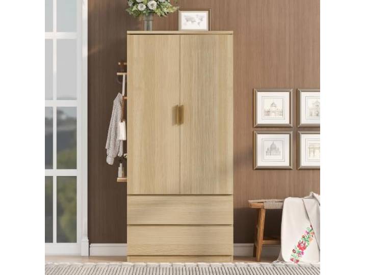 Merax Kleiderschrank 70x50x170 cm, Holzfarbe, mit seitlicher Lochwand, versteckten Staufächern, Zwei Schubladen, großem Hängebereich und Flexibler Aufbewahrung für Schlafzimmer