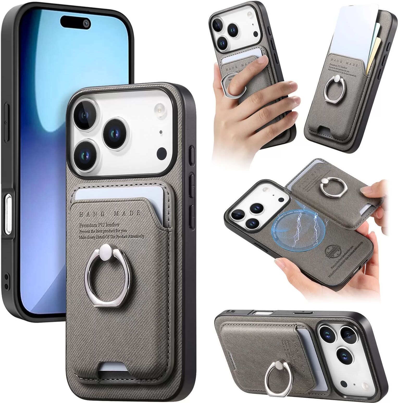 INF Graue PU-Lederhülle mit magnetischem Kartenhalter, kompatibel mit iPhone 17 Air